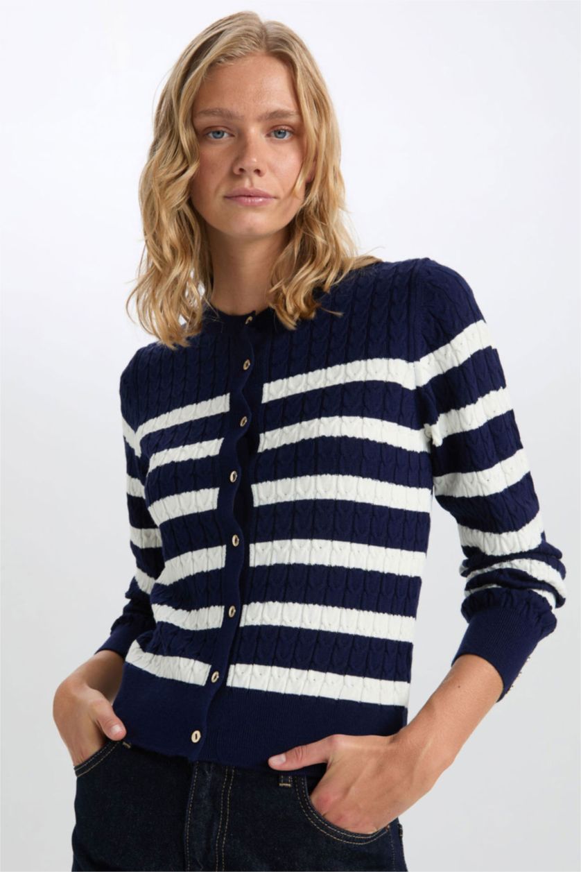 WOMAN NAVY Regular Fit Striped Crew Neck Knitted Cardigan
