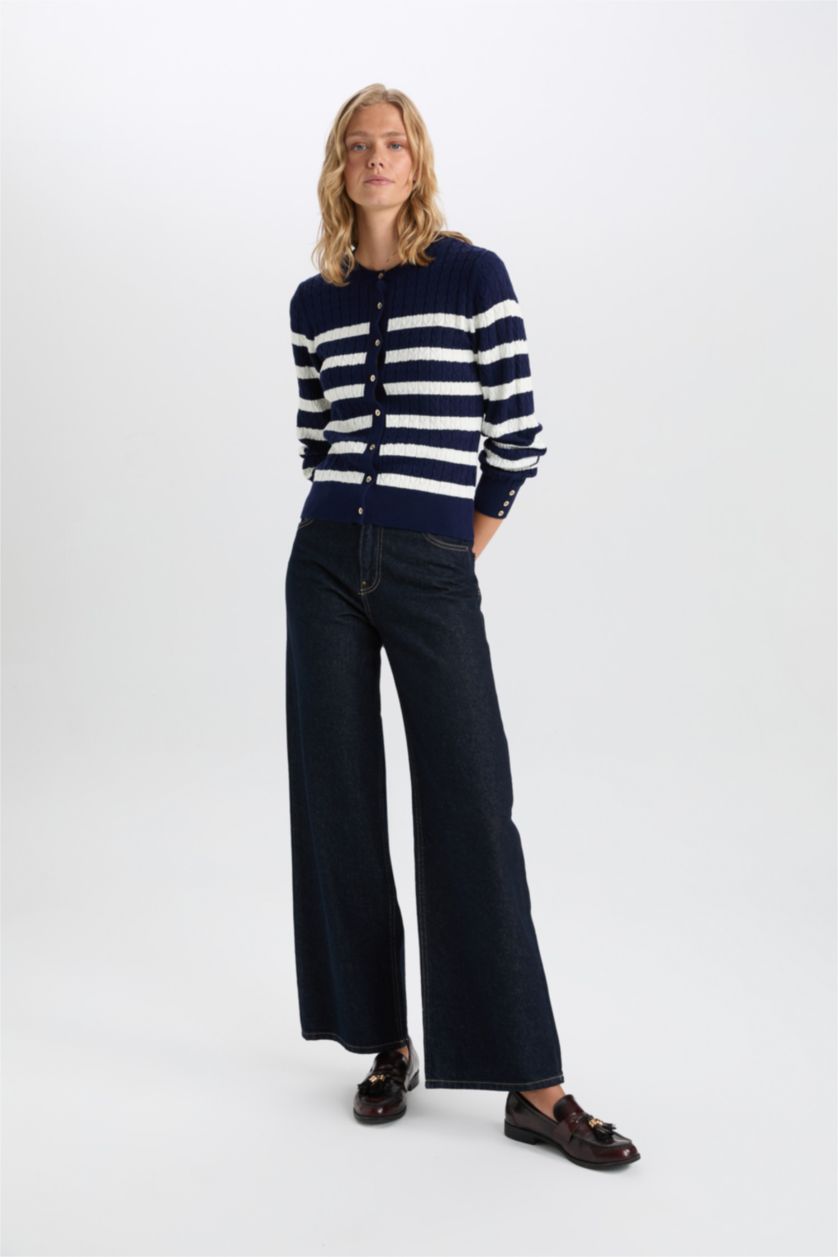 WOMAN NAVY Regular Fit Striped Crew Neck Knitted Cardigan