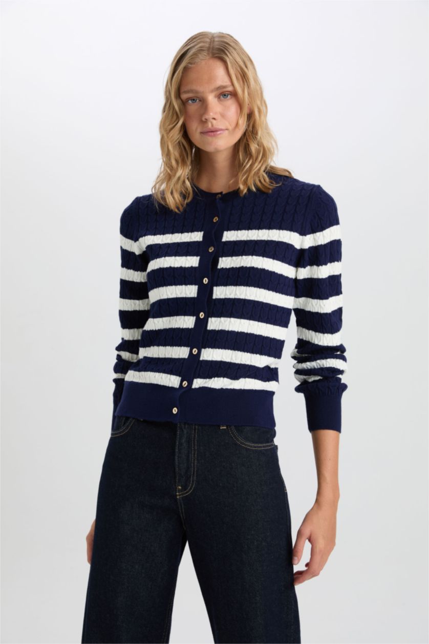 WOMAN NAVY Regular Fit Striped Crew Neck Knitted Cardigan