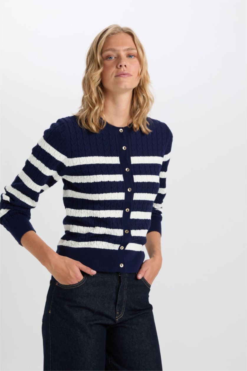 WOMAN NAVY Regular Fit Striped Crew Neck Knitted Cardigan