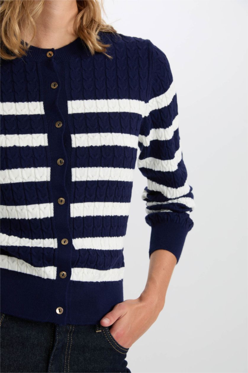WOMAN NAVY Regular Fit Striped Crew Neck Knitted Cardigan