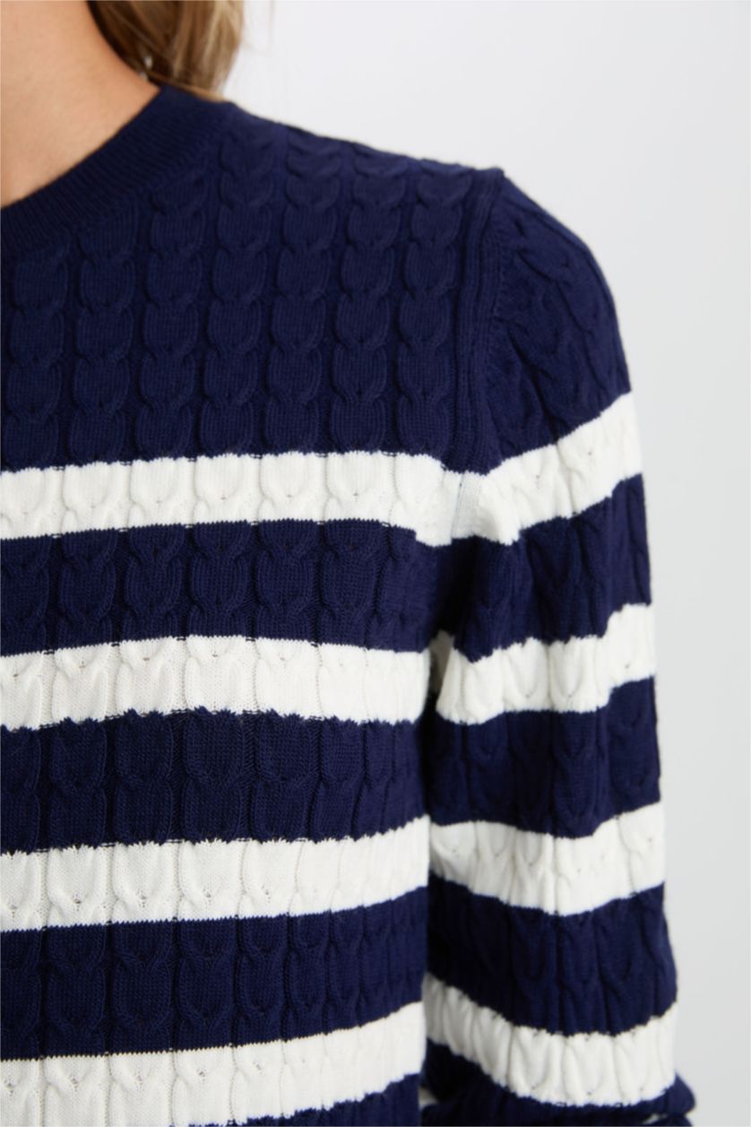 WOMAN NAVY Regular Fit Striped Crew Neck Knitted Cardigan