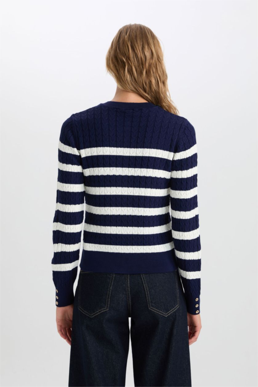 WOMAN NAVY Regular Fit Striped Crew Neck Knitted Cardigan