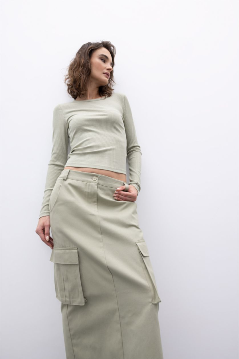 WOMAN Light Khaki Slim Fit Crew Neck Long Sleeve T-Shirt