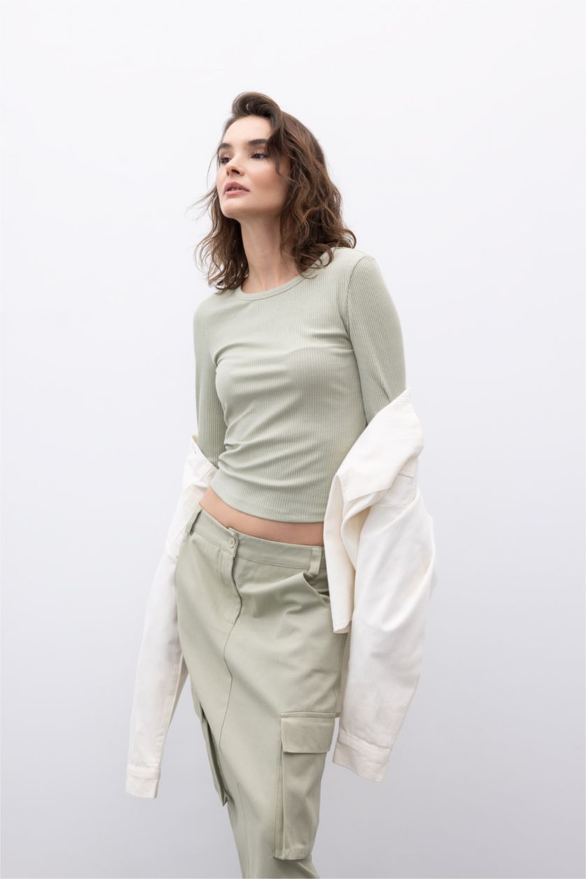 WOMAN Light Khaki Slim Fit Crew Neck Long Sleeve T-Shirt