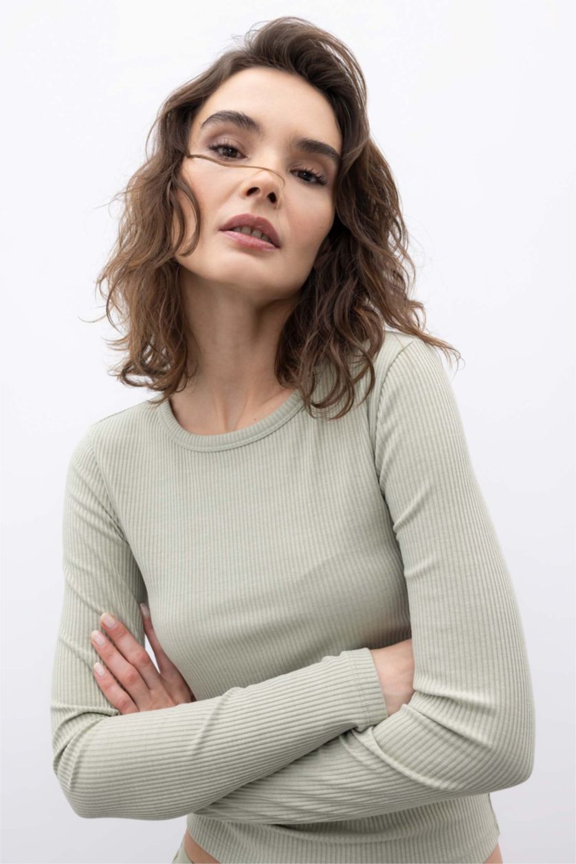 WOMAN Light Khaki Slim Fit Crew Neck Long Sleeve T-Shirt