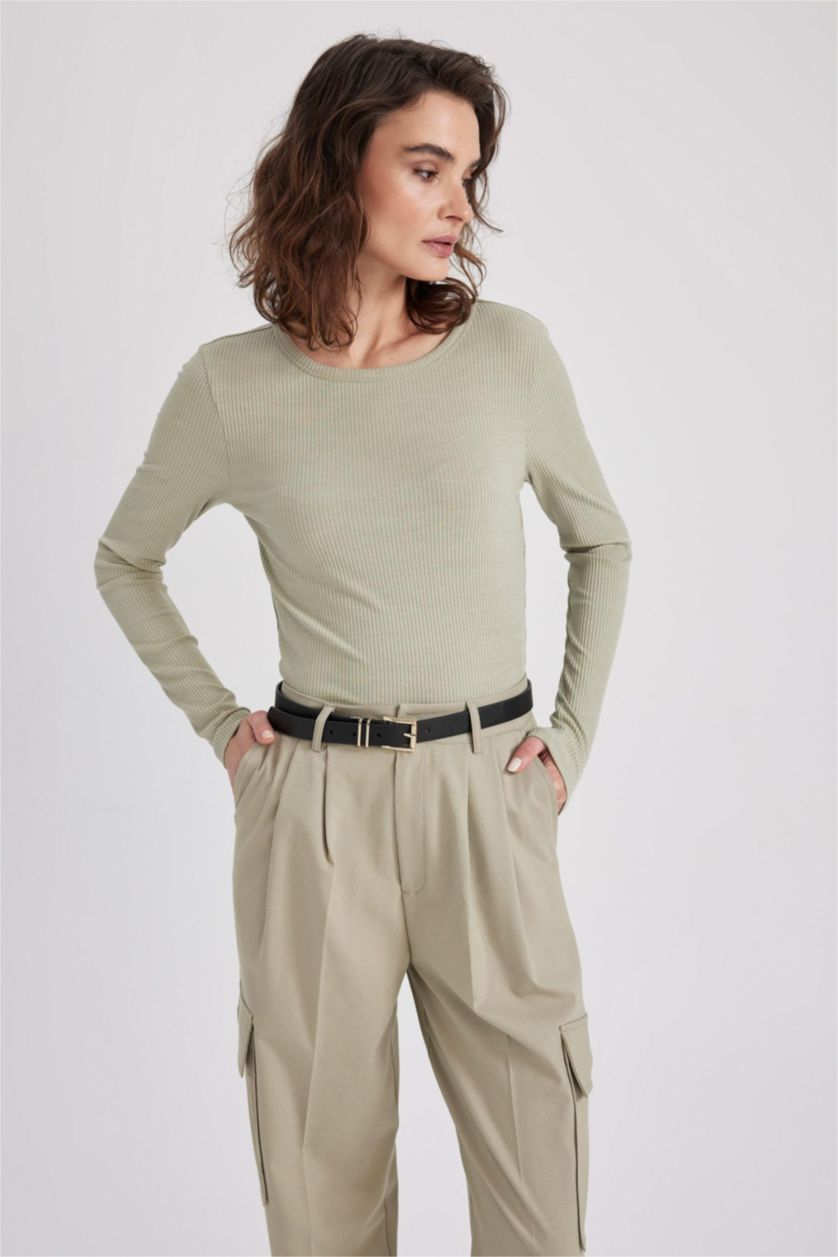WOMAN Light Khaki Slim Fit Crew Neck Long Sleeve T-Shirt