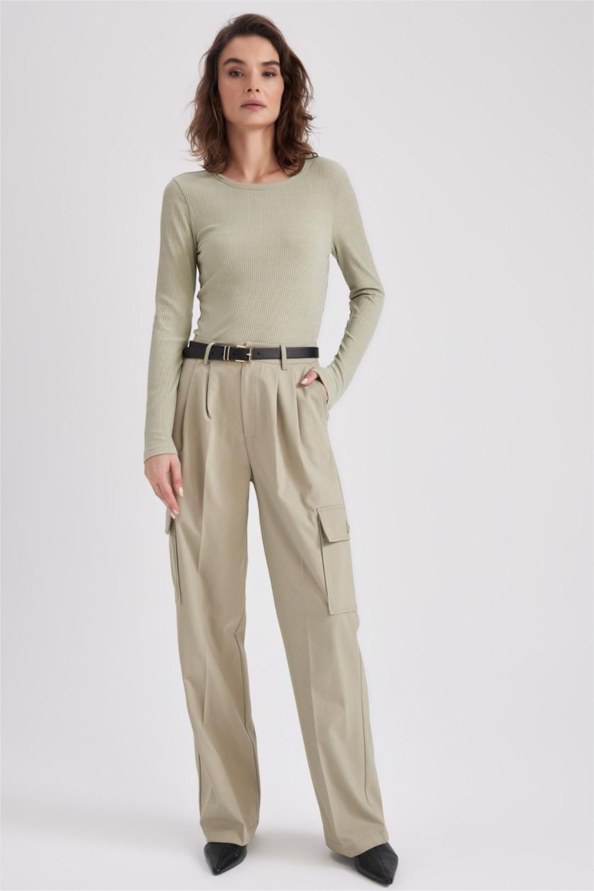 WOMAN Light Khaki Slim Fit Crew Neck Long Sleeve T-Shirt