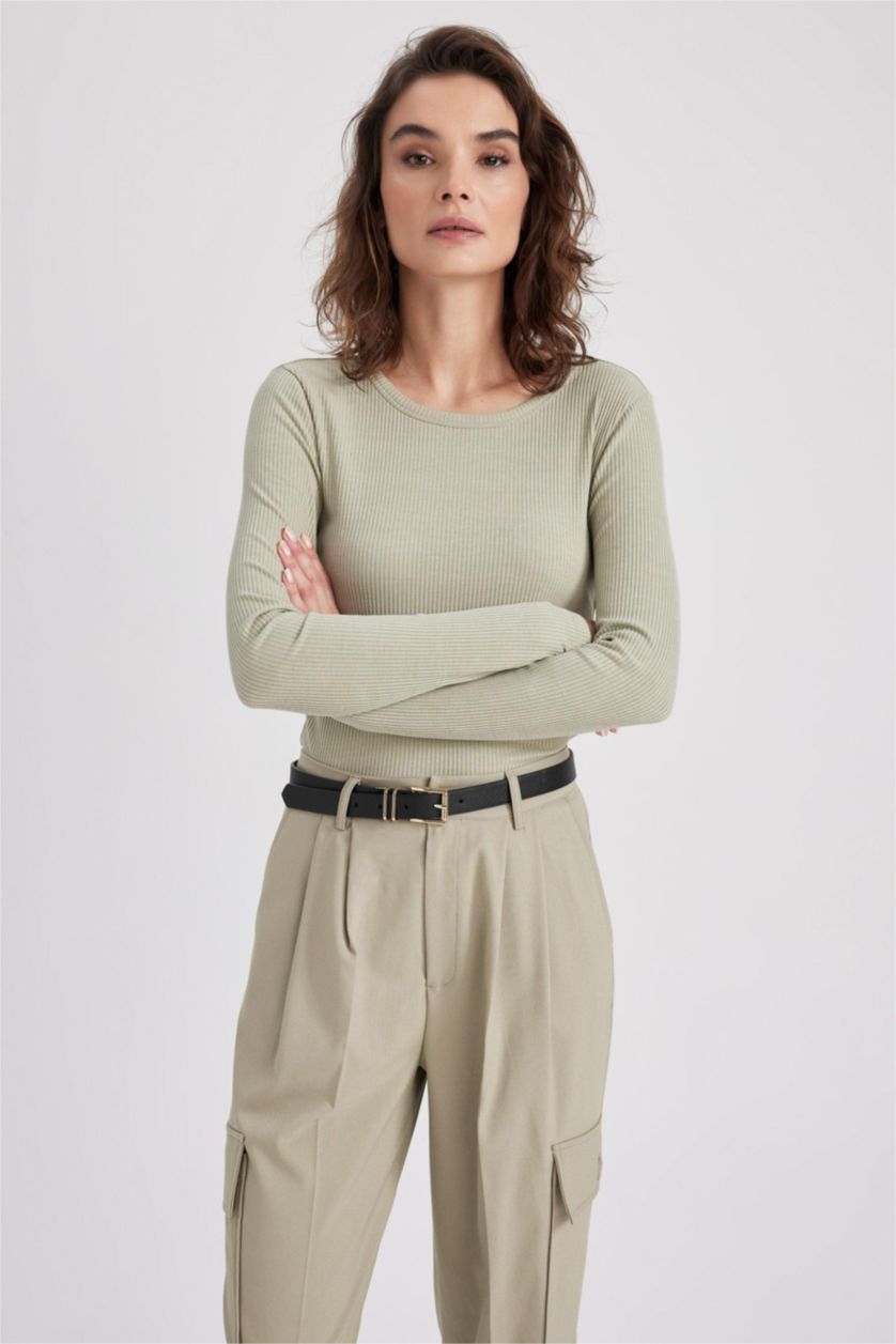 WOMAN Light Khaki Slim Fit Crew Neck Long Sleeve T-Shirt