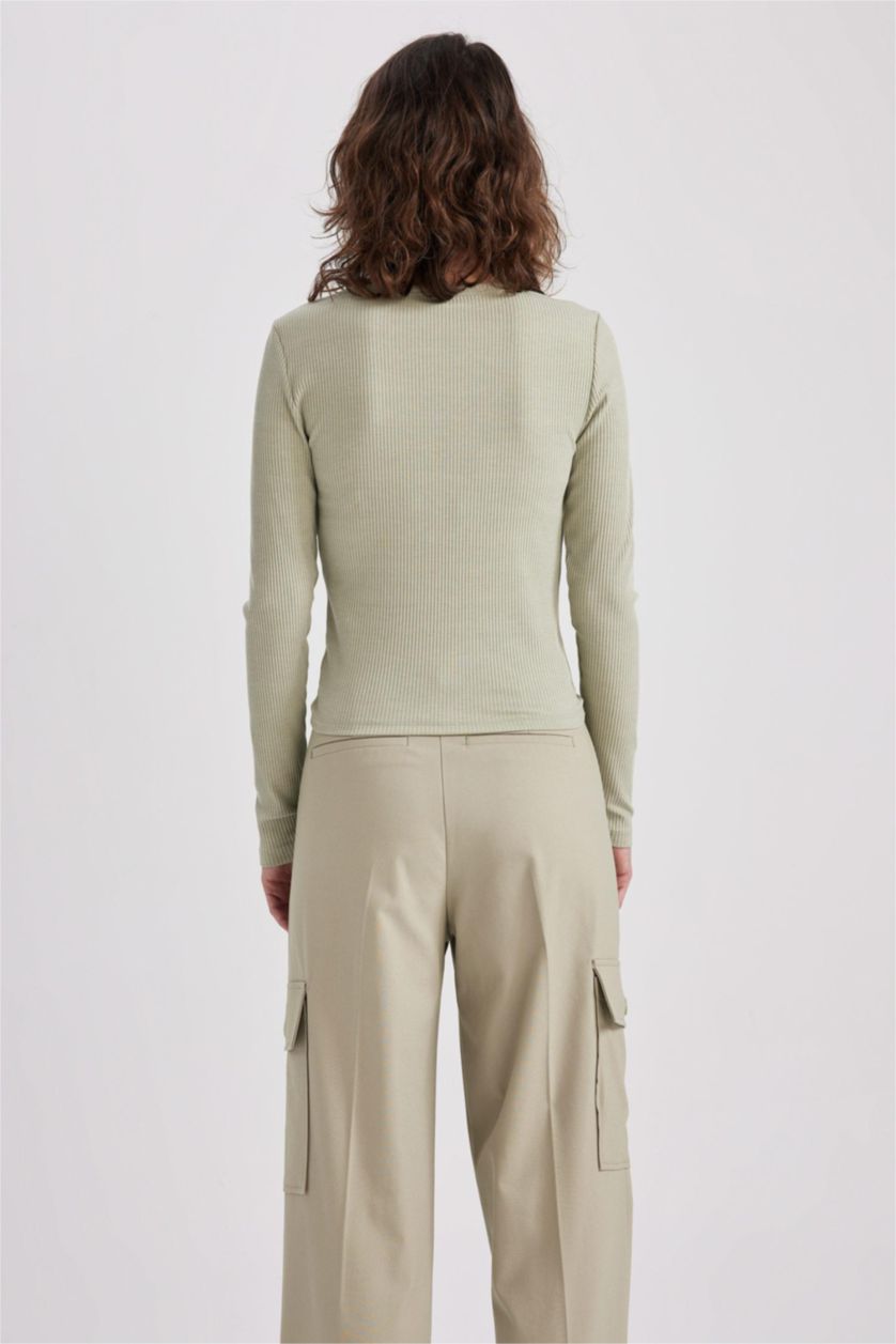 WOMAN Light Khaki Slim Fit Crew Neck Long Sleeve T-Shirt