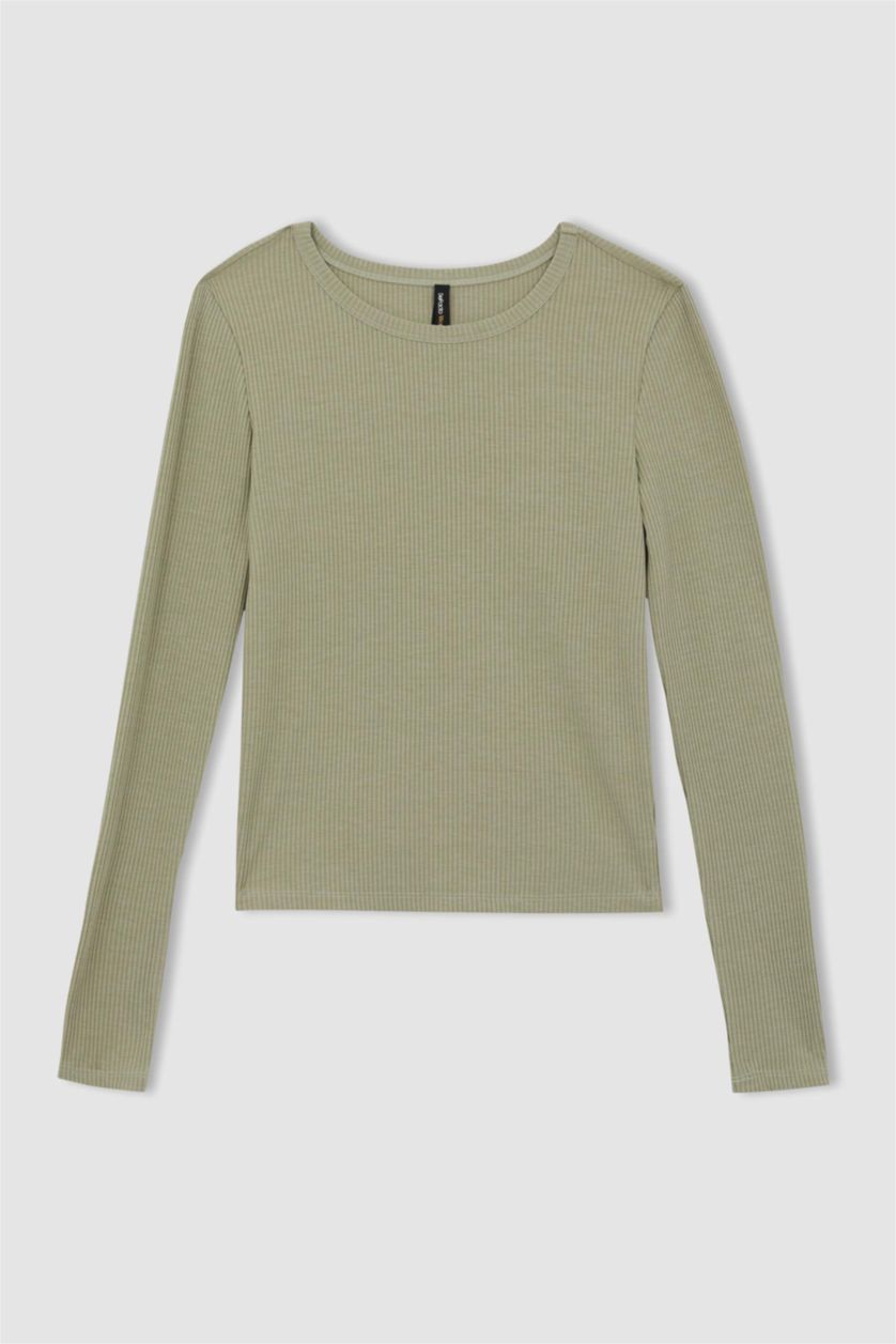 WOMAN Light Khaki Slim Fit Crew Neck Long Sleeve T-Shirt