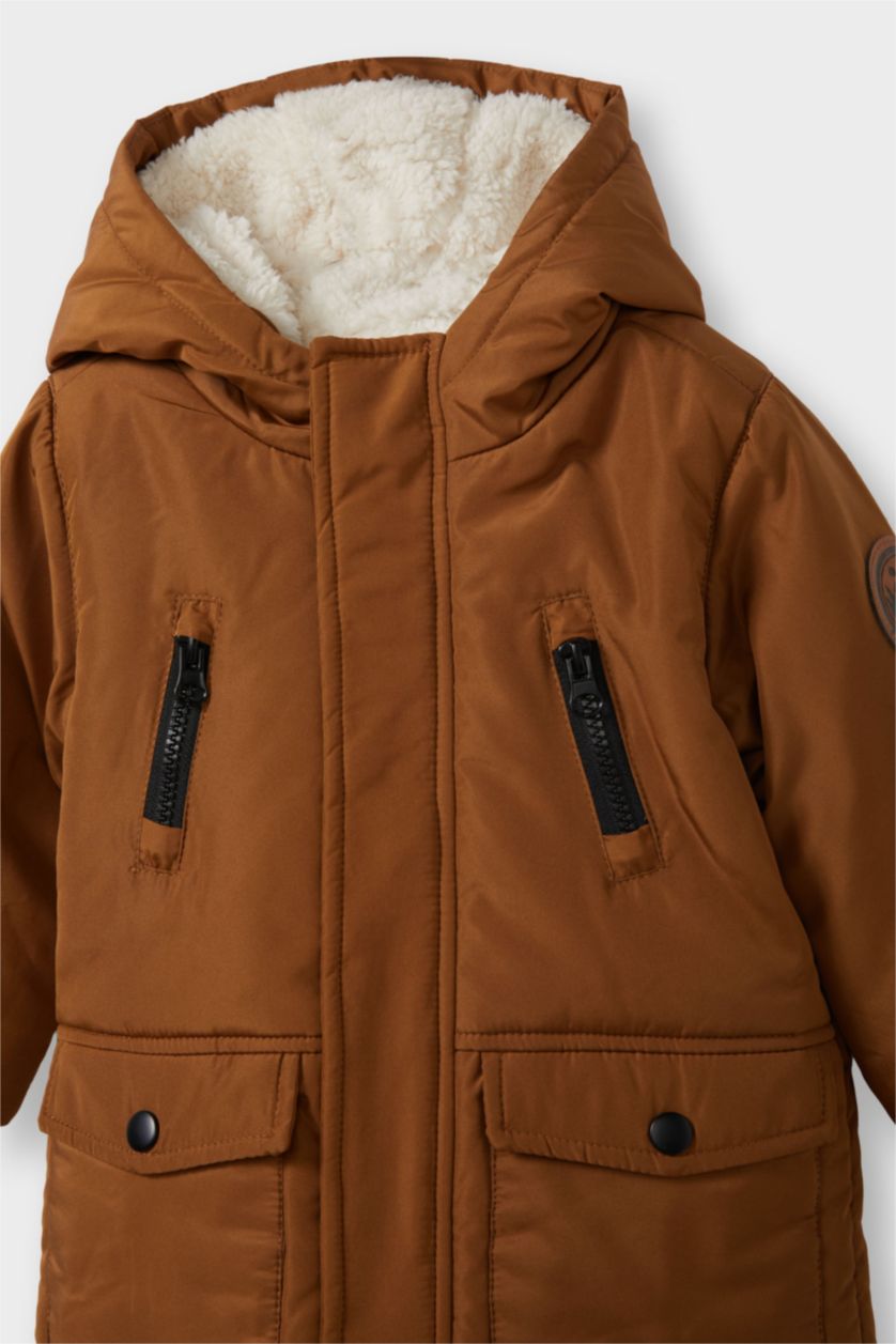 Erkek Bebek Camel Su Geçirmez Kapüşonlu Pelüş Astar Mont Erkek Bebek