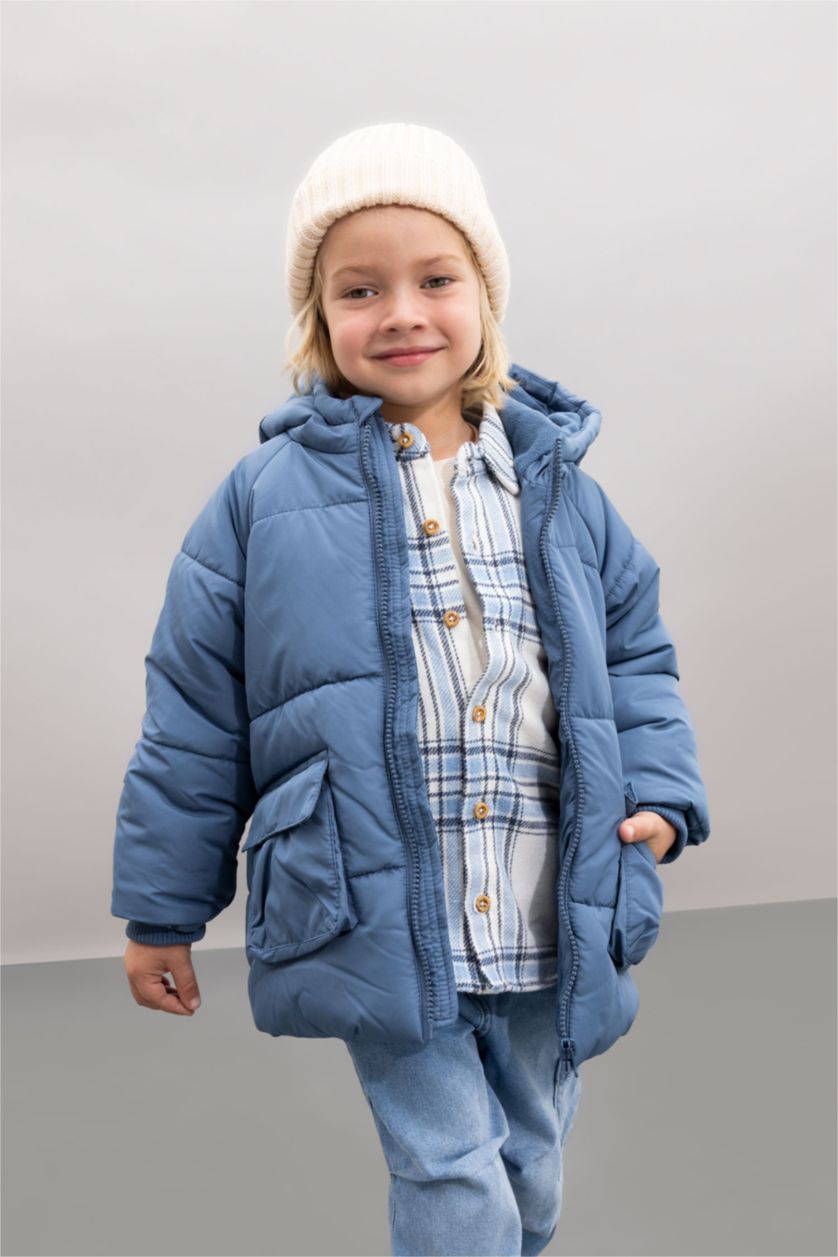 BABY BOY Light Indigo Baby Boy Hooded Fleece Lined Puffer Jacket
