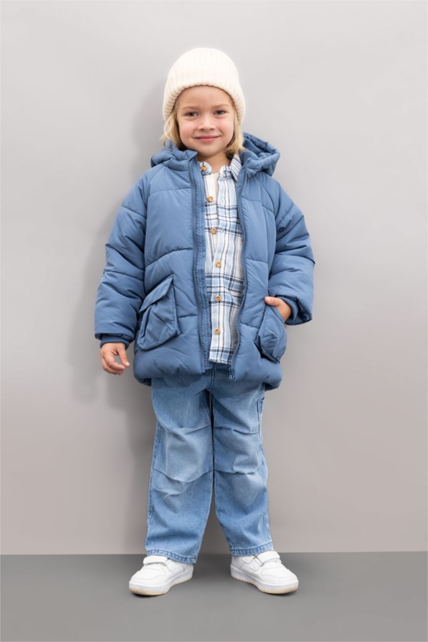 BABY BOY Light Indigo Baby Boy Hooded Fleece Lined Puffer Jacket