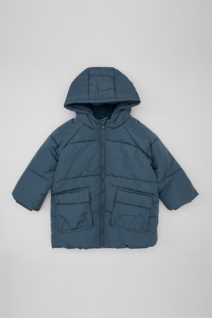 BABY BOY Light Indigo Baby Boy Hooded Fleece Lined Puffer Jacket