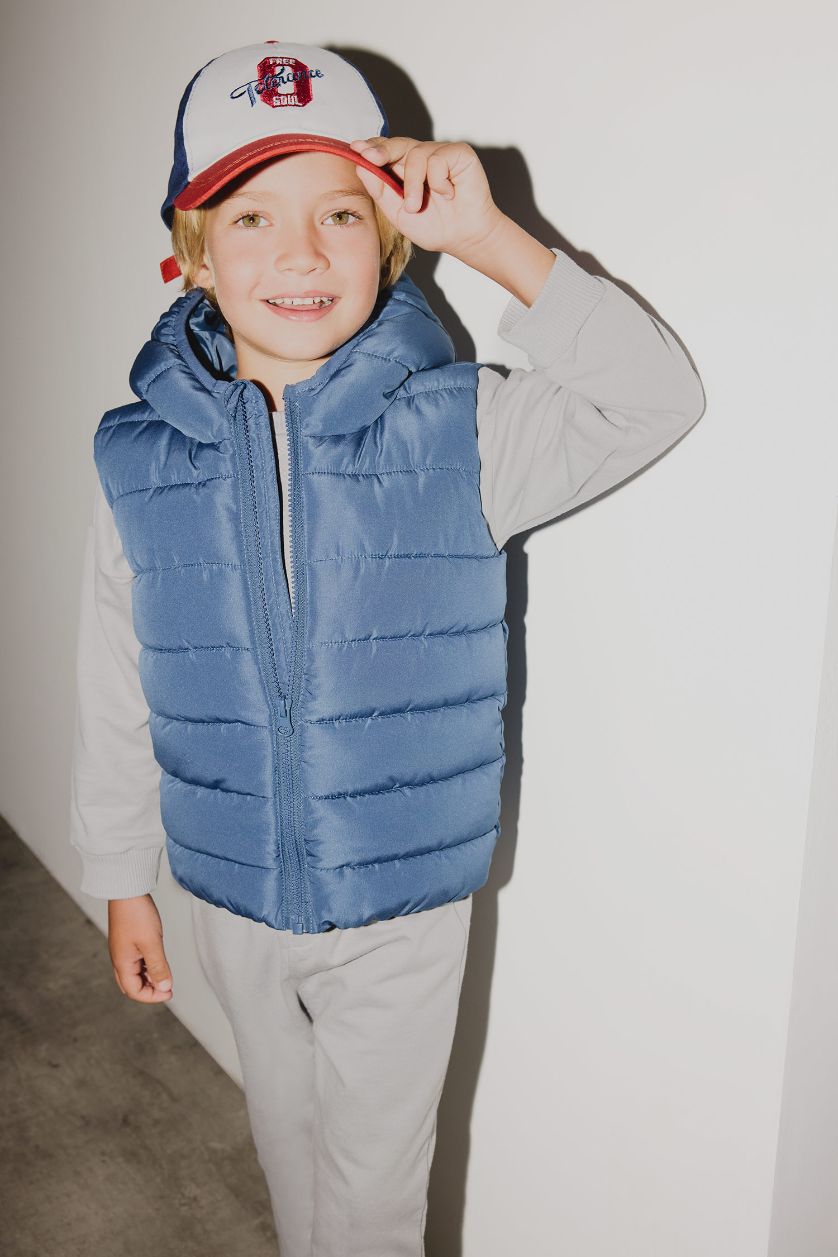 Erkek Bebek Açık İndigo Su Geçirmez Kapüşonlu Fermuarlı Tafta Şişme Yelek Erkek Bebek