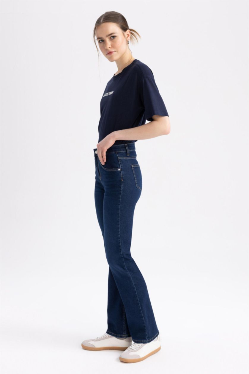 Kadın Koyu Mavi Sorbe X DeFacto Yüksek Bel Boru Paça Bootcut Jean Pantolon