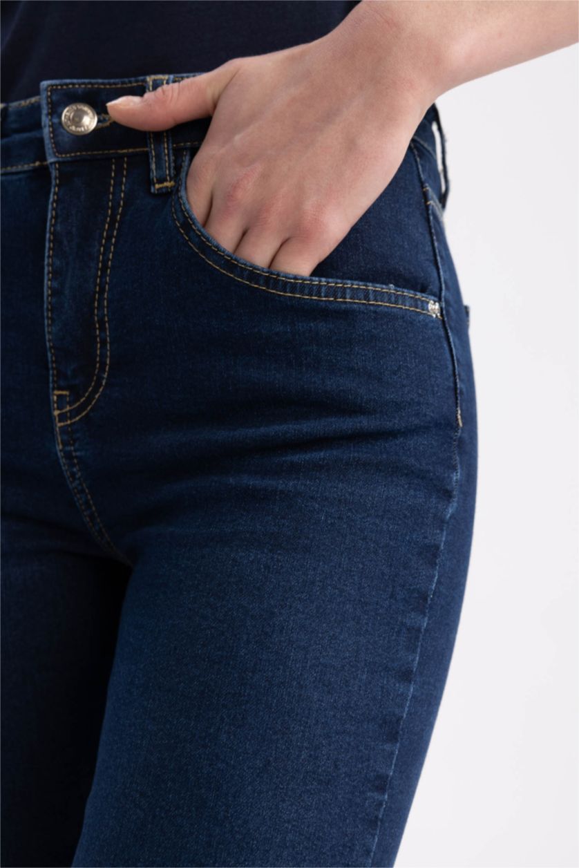 Kadın Koyu Mavi Sorbe X DeFacto Yüksek Bel Boru Paça Bootcut Jean Pantolon