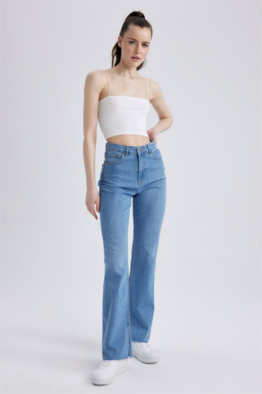 نساء أزرق فاتح بنطلون شارلستون جينز بخصر عالي