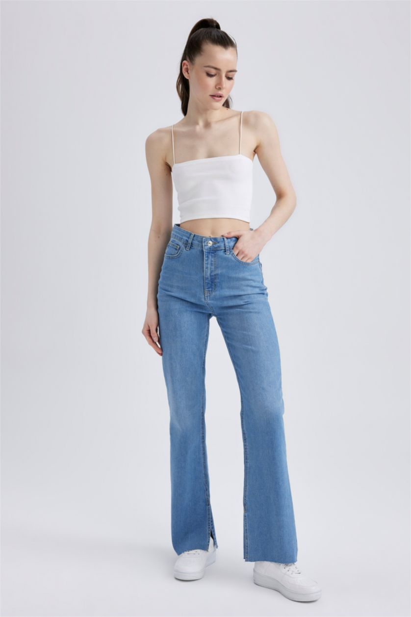 نساء أزرق فاتح بنطلون شارلستون جينز بخصر عالي