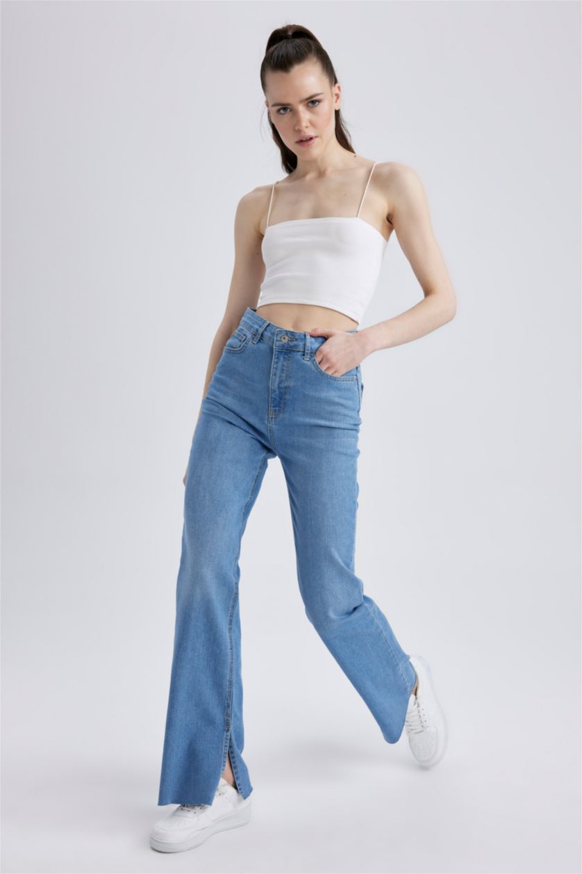 نساء أزرق فاتح بنطلون شارلستون جينز بخصر عالي