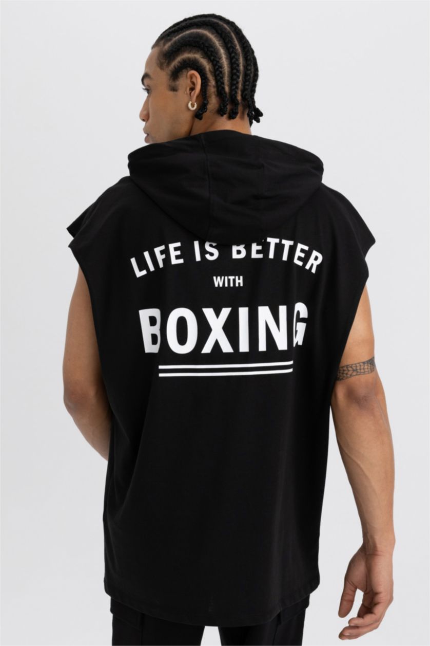 Erkek Siyah Oversize Geniş Kalıp Sırt Baskılı Kapüşonlu Sporcu Atlet