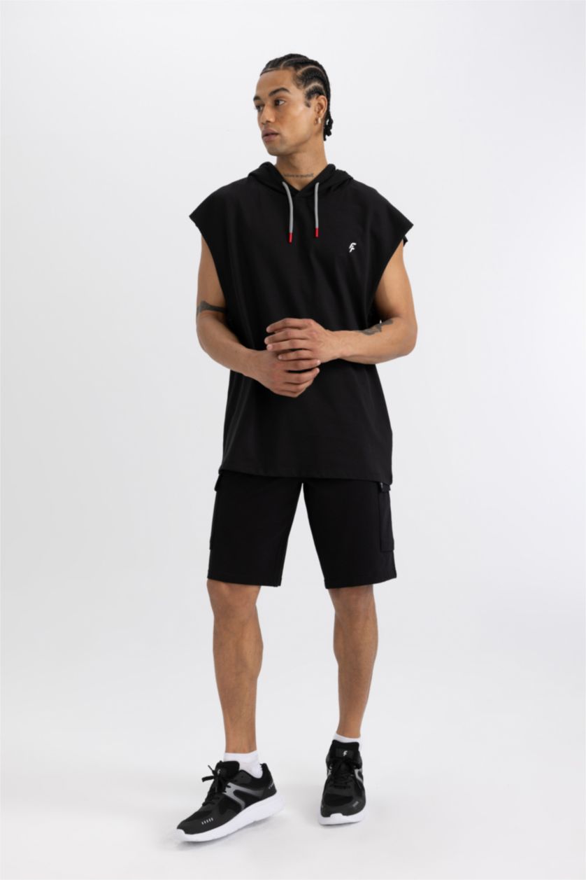 Erkek Siyah Oversize Geniş Kalıp Sırt Baskılı Kapüşonlu Sporcu Atlet