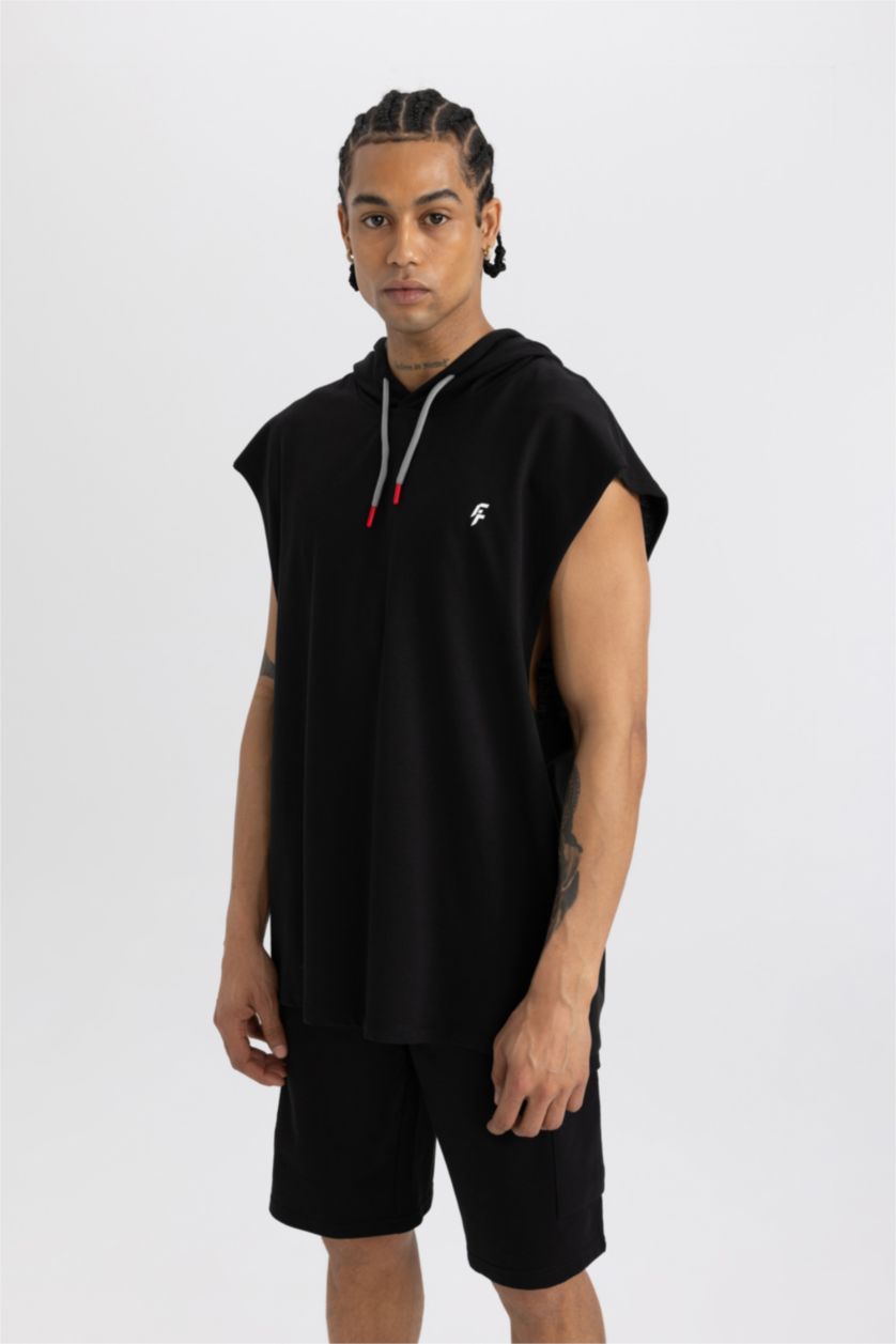 Erkek Siyah Oversize Geniş Kalıp Sırt Baskılı Kapüşonlu Sporcu Atlet