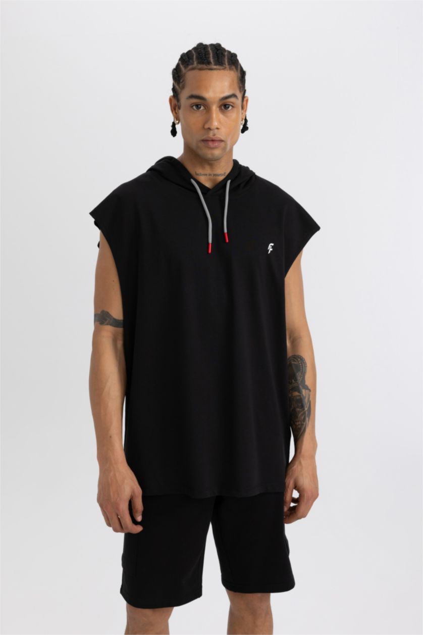 Erkek Siyah Oversize Geniş Kalıp Sırt Baskılı Kapüşonlu Sporcu Atlet