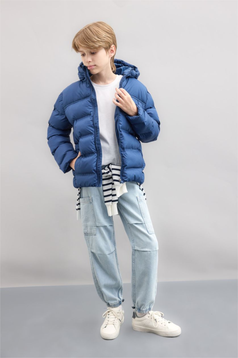 Erkek Çocuk - Genç Erkek İndigo Su Geçirmez Kapüşonlu Mont Erkek Çocuk