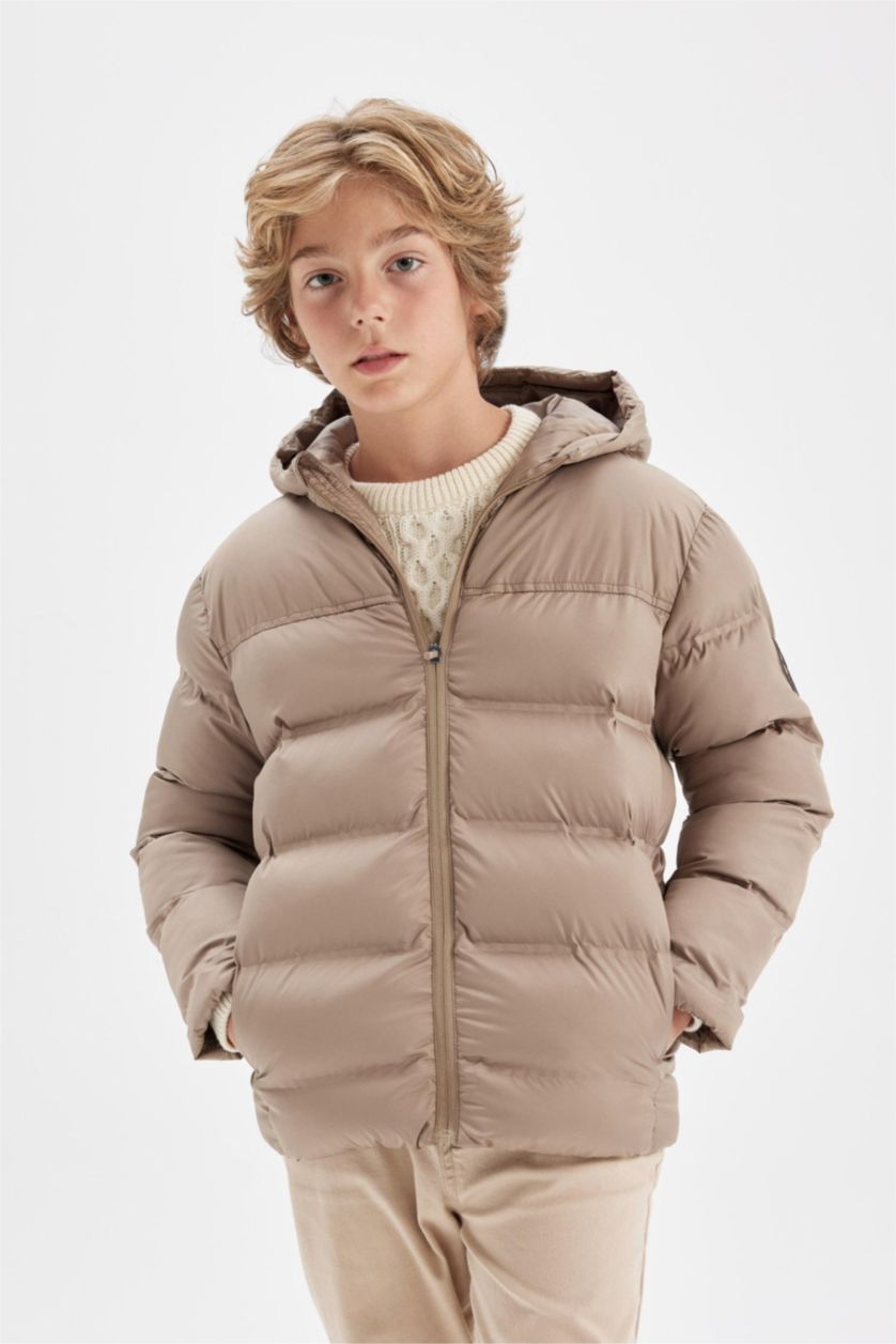 Erkek Çocuk - Genç Erkek Açık Haki Erkek Çocuk Su Geçirmez Kapüşonlu Fermuarlı Cepli Şişme Mont