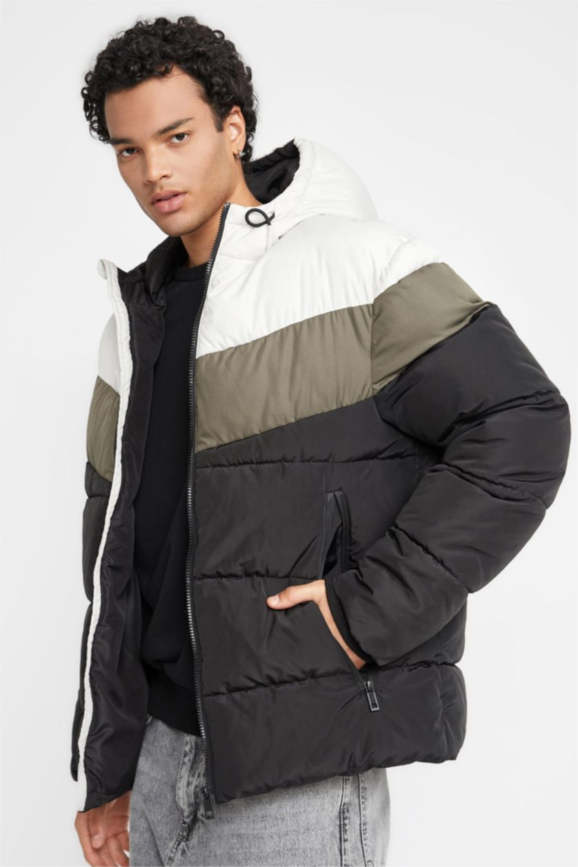 Erkek Siyah Su İtici Şişme Mont Kapüşonlu Fermuarlı Çift Cepli