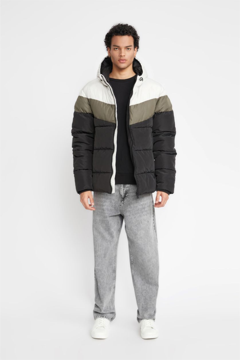 Erkek Siyah Su İtici Şişme Mont Kapüşonlu Fermuarlı Çift Cepli