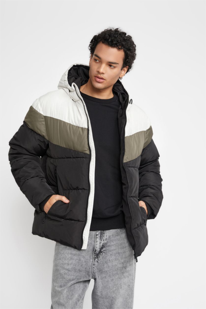 Erkek Siyah Su İtici Şişme Mont Kapüşonlu Fermuarlı Çift Cepli