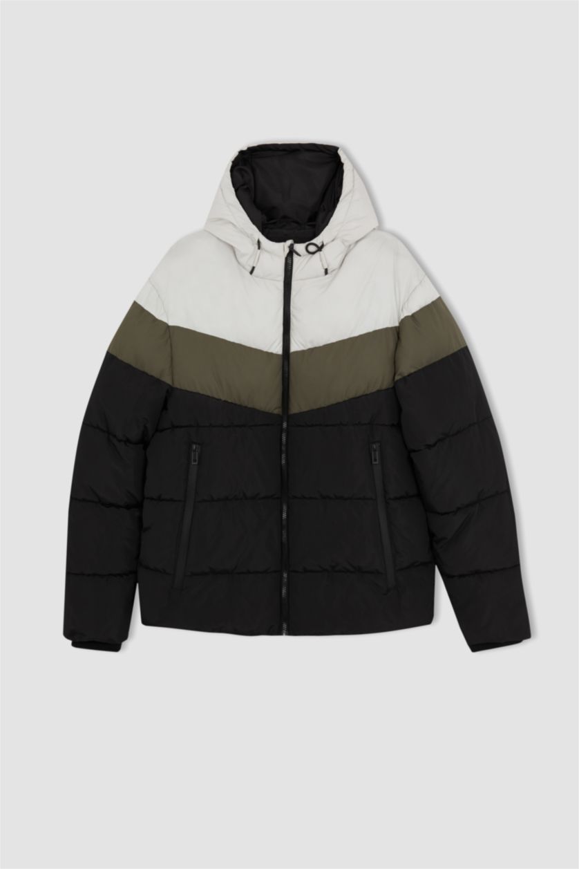 Erkek Siyah Su İtici Şişme Mont Kapüşonlu Fermuarlı Çift Cepli