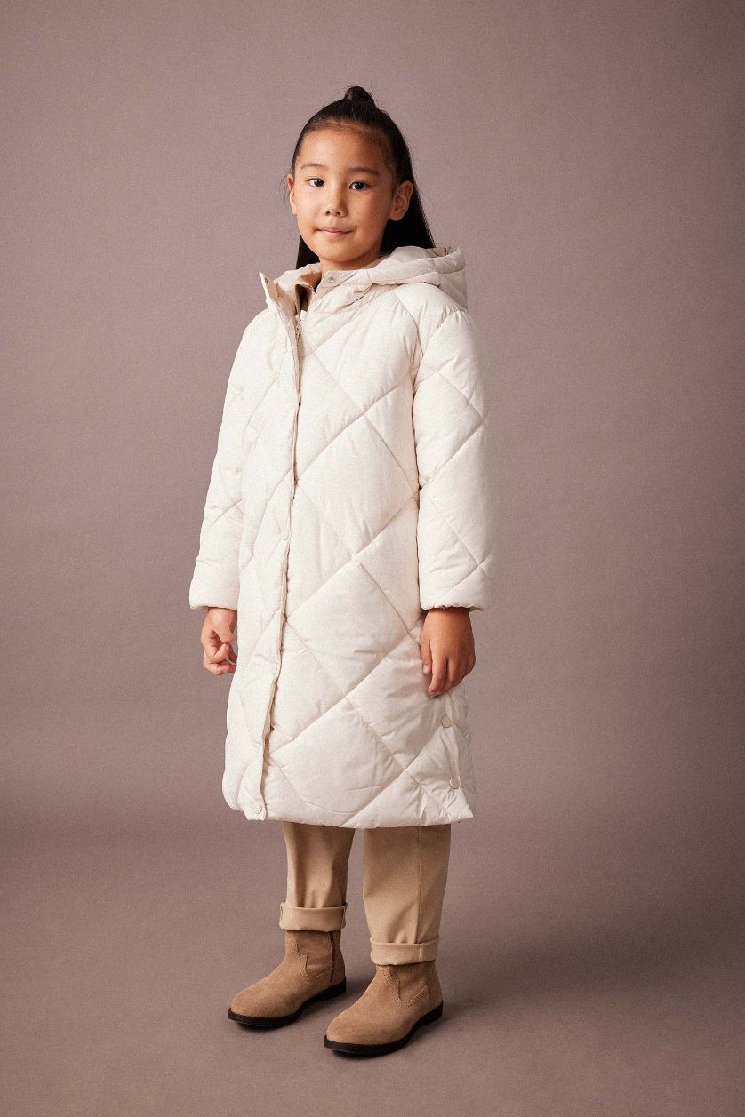 Girls & Teens Ecru Girl Hooded Quilted Long Puffer Jacket