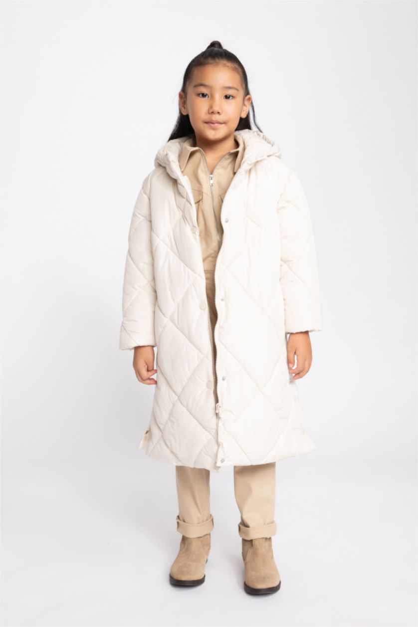 Girls & Teens Ecru Girl Hooded Quilted Long Puffer Jacket
