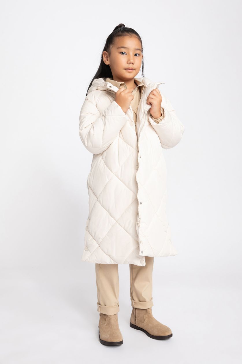 Girls & Teens Ecru Girl Hooded Quilted Long Puffer Jacket