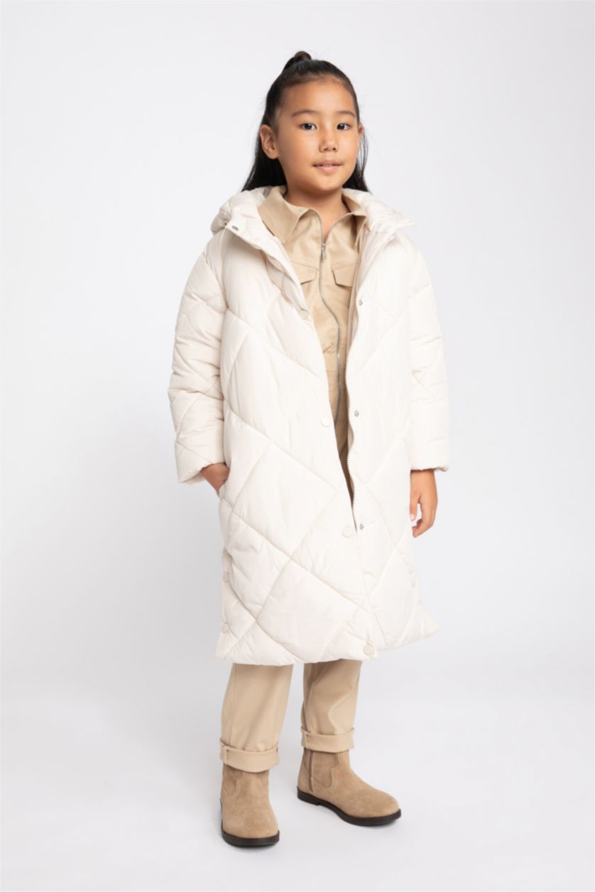 Girls & Teens Ecru Girl Hooded Quilted Long Puffer Jacket
