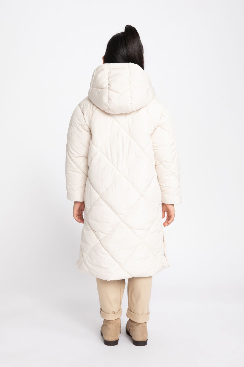 Girls & Teens Ecru Girl Hooded Quilted Long Puffer Jacket