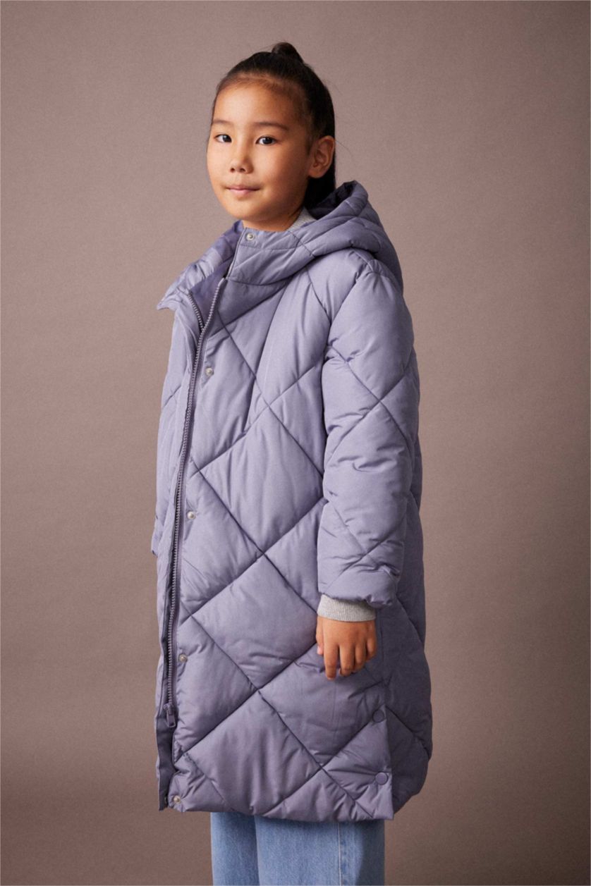 بنات رمادي قمصلة نفخ بناتي طويل بغطاء للرأس