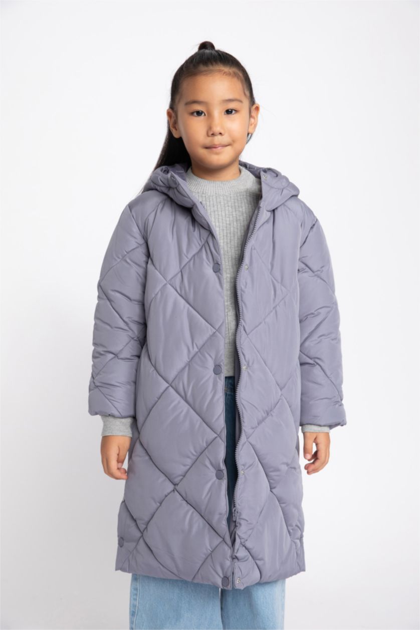 بنات رمادي قمصلة نفخ بناتي طويل بغطاء للرأس