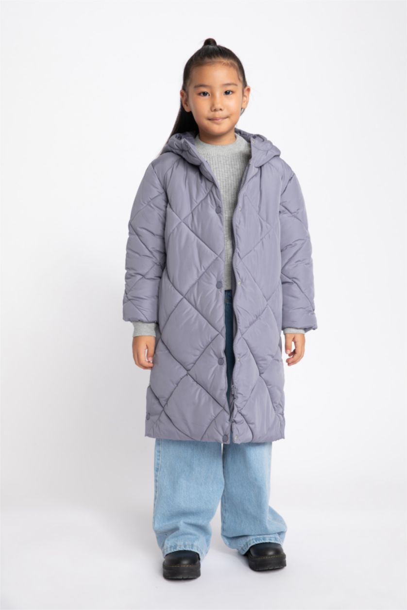 بنات رمادي قمصلة نفخ بناتي طويل بغطاء للرأس