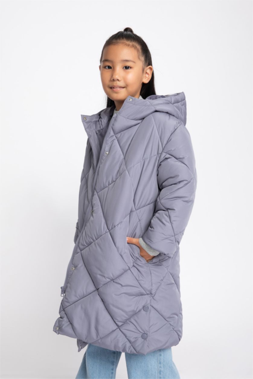 بنات رمادي قمصلة نفخ بناتي طويل بغطاء للرأس