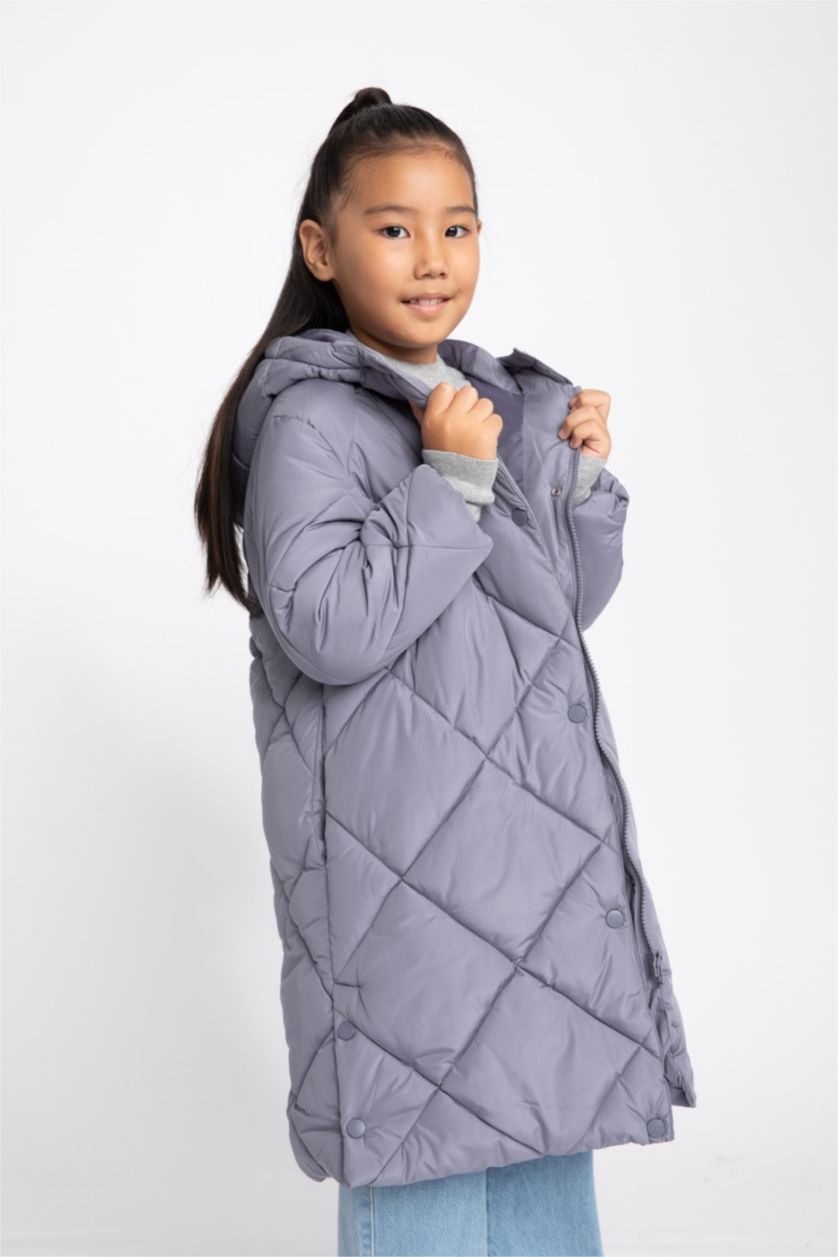 بنات رمادي قمصلة نفخ بناتي طويل بغطاء للرأس