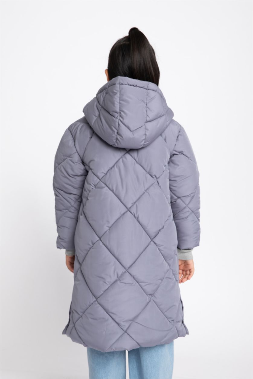 بنات رمادي قمصلة نفخ بناتي طويل بغطاء للرأس