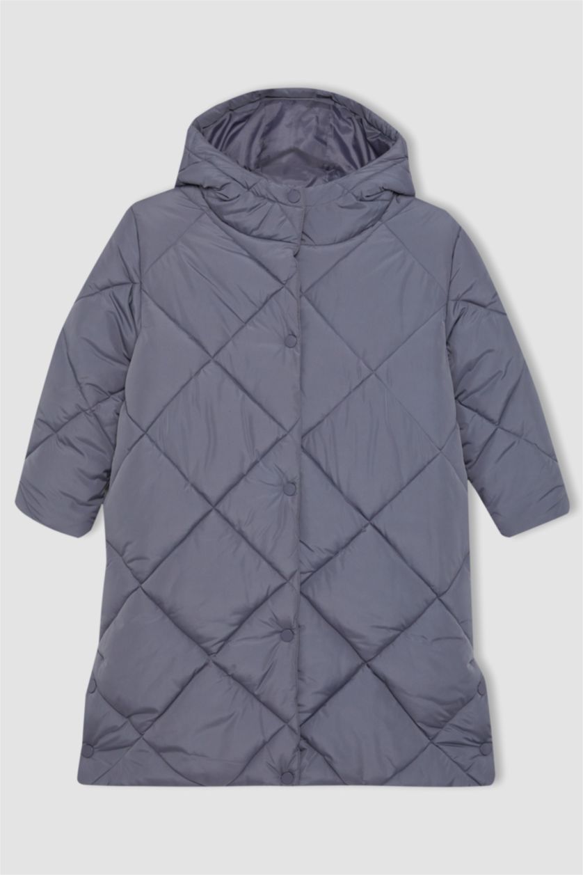 بنات رمادي قمصلة نفخ بناتي طويل بغطاء للرأس