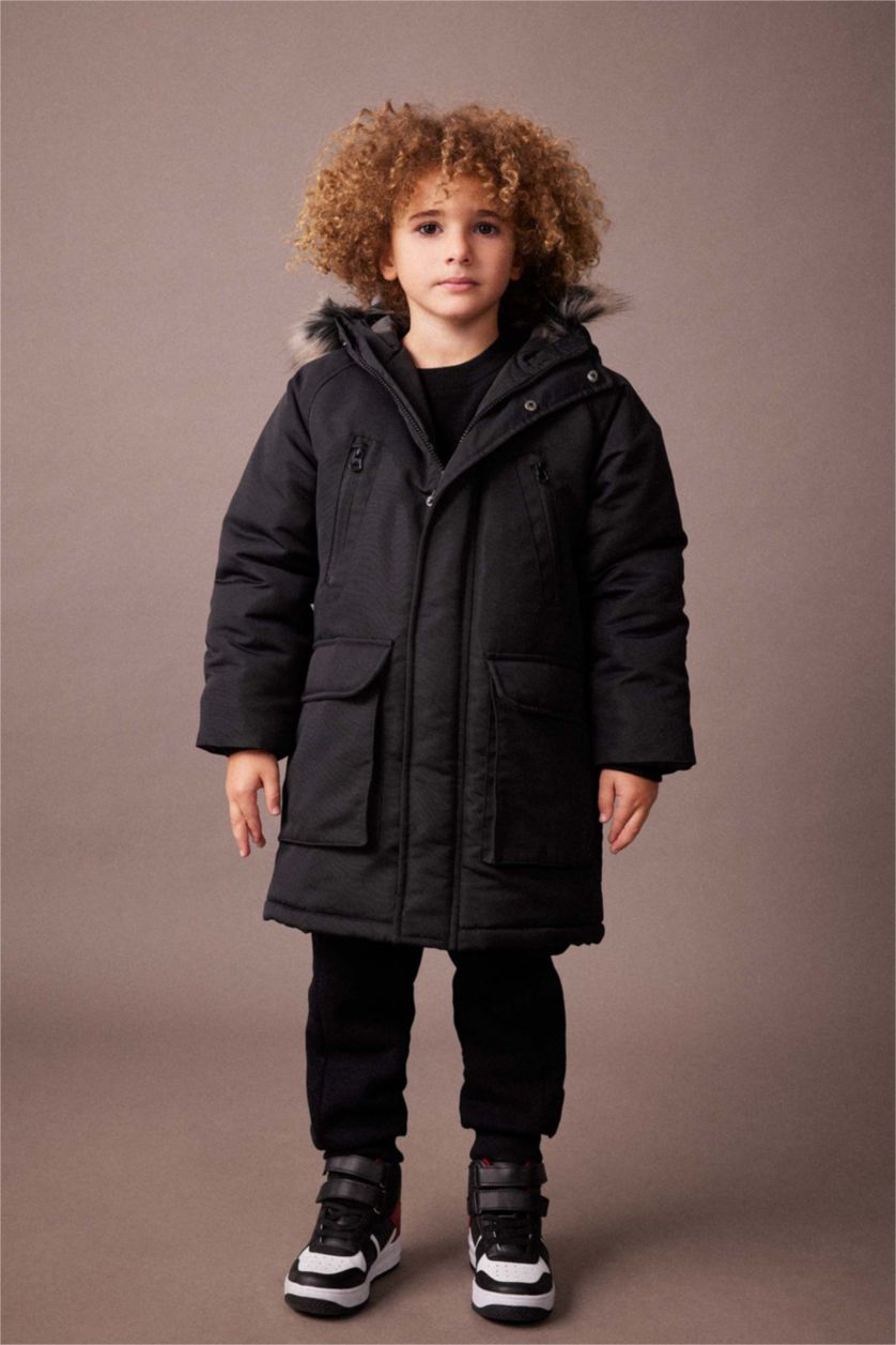 أولاد أسود جاكيت ولادي بغطاء للرأس ببطانة صوفية