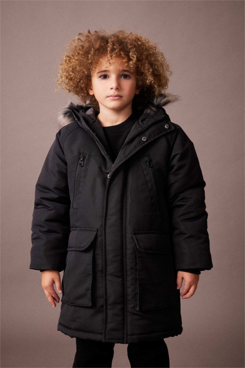 أولاد أسود جاكيت ولادي بغطاء للرأس ببطانة صوفية