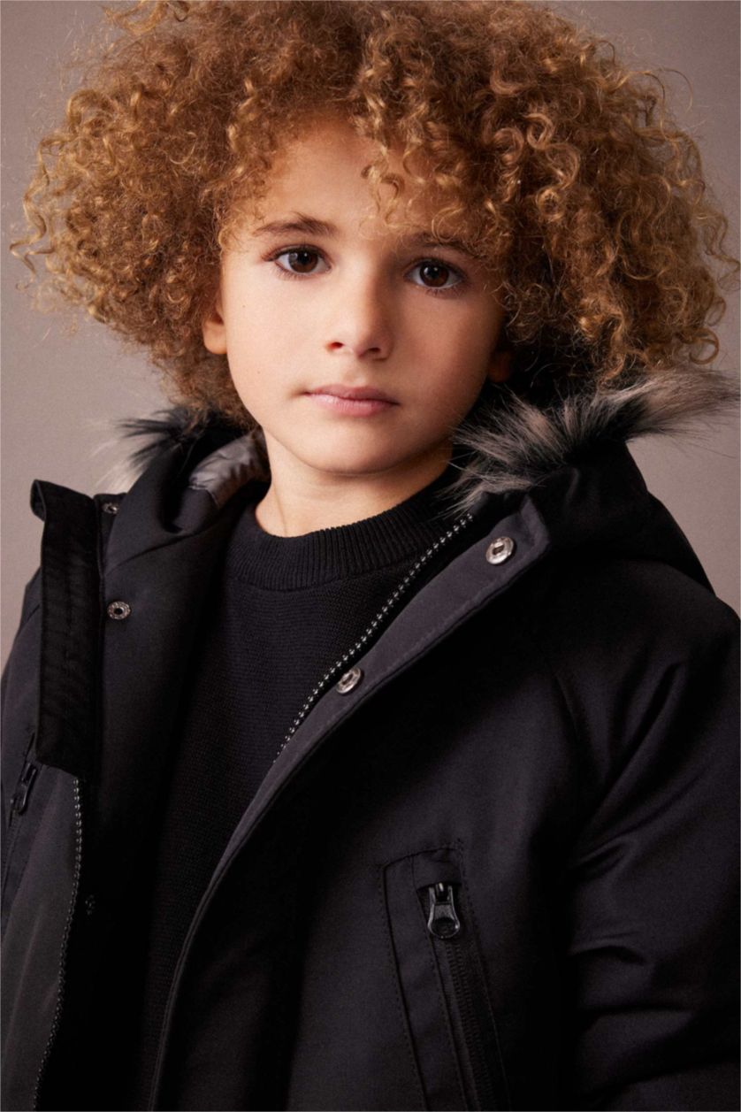 أولاد أسود جاكيت ولادي بغطاء للرأس ببطانة صوفية